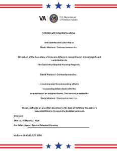 Contractormen Inc. Honored by the U.S. Department of Veterans Affairs Certificate of Appreciation
